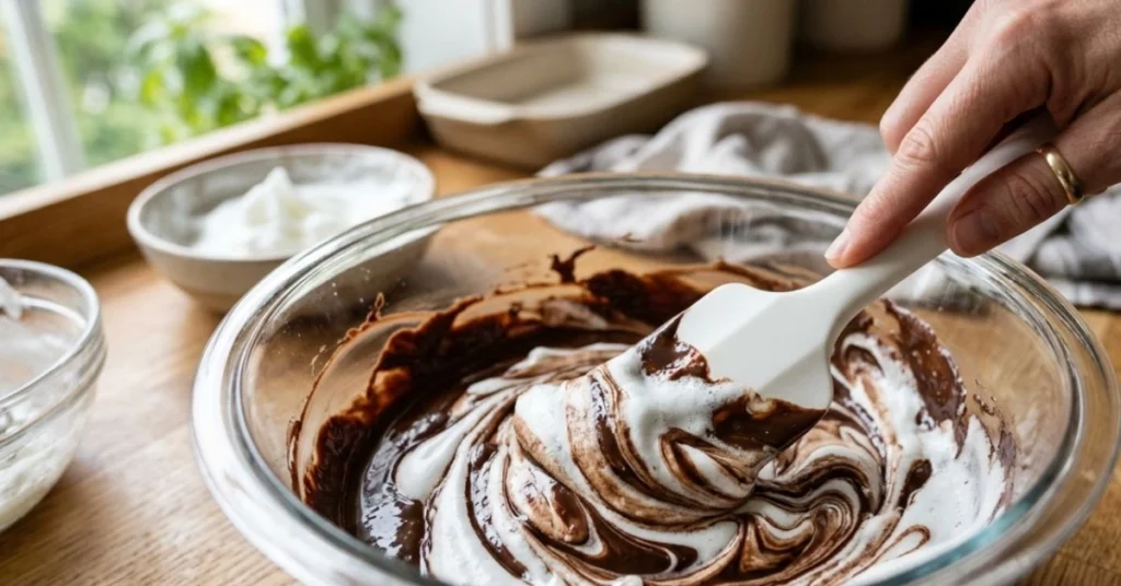 Incorporation délicate des blancs en neige dans le chocolat fondu à la spatule, étape clé de la mousse au chocolat maison.
