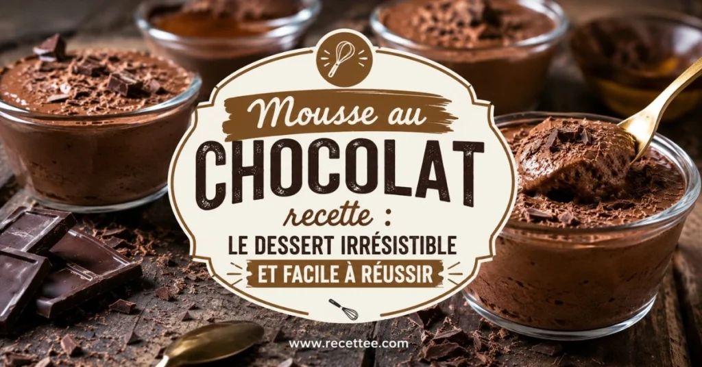 Mousse au chocolat recette onctueuse et aérienne servie dans des verrines en verre, décorée de copeaux de chocolat noir, avec le titre « Mousse au chocolat recette : le dessert irrésistible et facile à réussir » sur un fond gourmand.