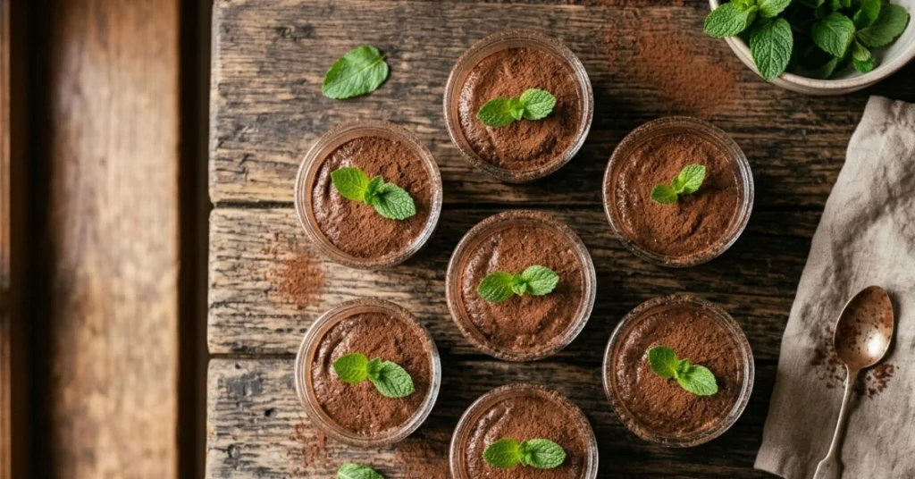 Mousse au chocolat recette servie en verrines, saupoudrée de cacao, dans une ambiance chaleureuse de cuisine française.