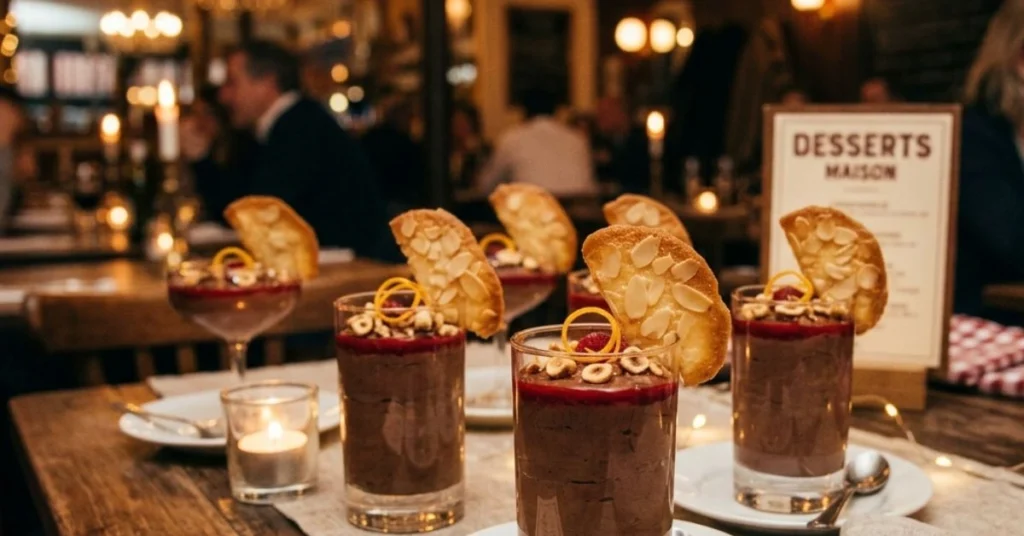 Présentation gourmande de la mousse au chocolat maison avec coulis de framboise, noisettes torréfiées et tuile aux amandes.