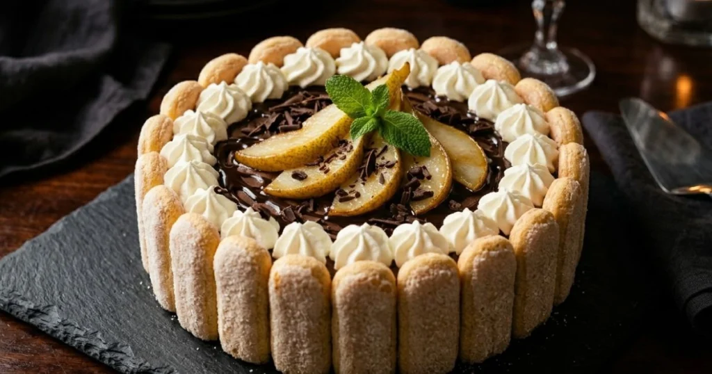 Charlotte poire chocolat décorée avec coulis de chocolat, chantilly maison, tranches de poires caramélisées et copeaux de chocolat noir sur ardoise