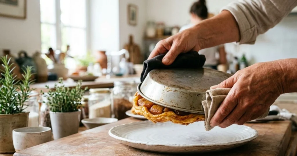 Démoulage d'une tarte Tatin par retournement sur une assiette large