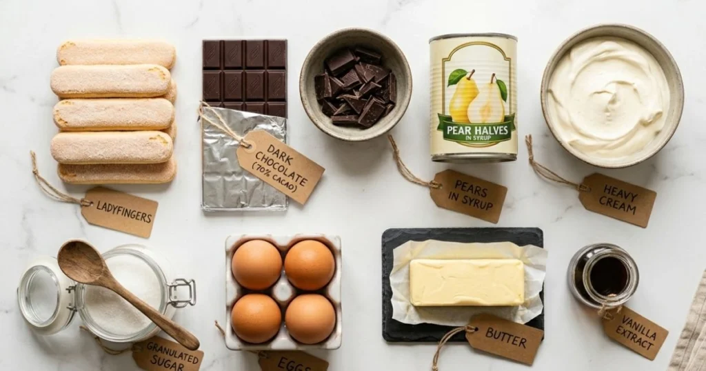 Ingrédients de la recette charlotte poire chocolat disposés sur marbre blanc : biscuits à la cuillère, chocolat noir, poires au sirop, crème et œufs