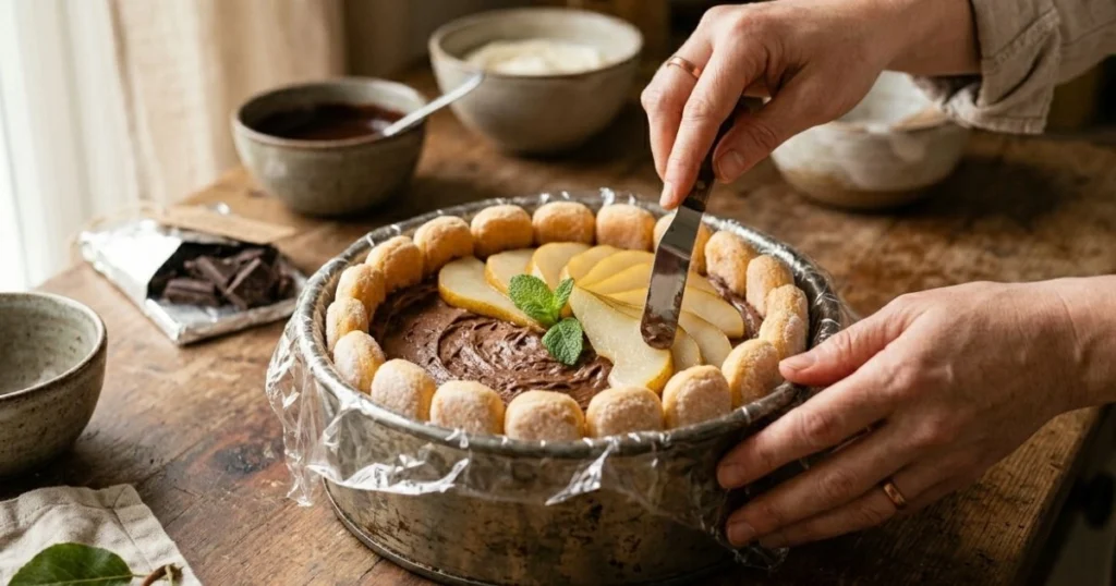Montage étape par étape de la charlotte poire chocolat dans un moule tapissé de biscuits à la cuillère avec mousse au chocolat et lamelles de poires
