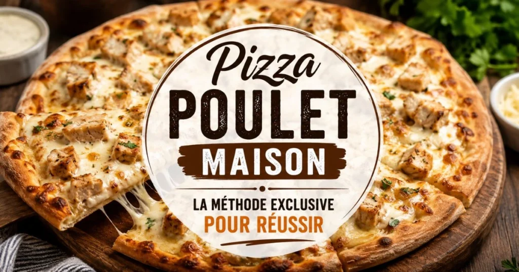 Pizza Poulet Maison garnie de morceaux de poulet grillé et de fromage fondant, avec une part tirée révélant une texture filante et crémeuse. Le visuel met en avant le titre « Pizza Poulet Maison : La Méthode Exclusive pour Réussir » au centre, dans une ambiance chaleureuse et gourmande idéale pour un article WordPress sur la cuisine française.