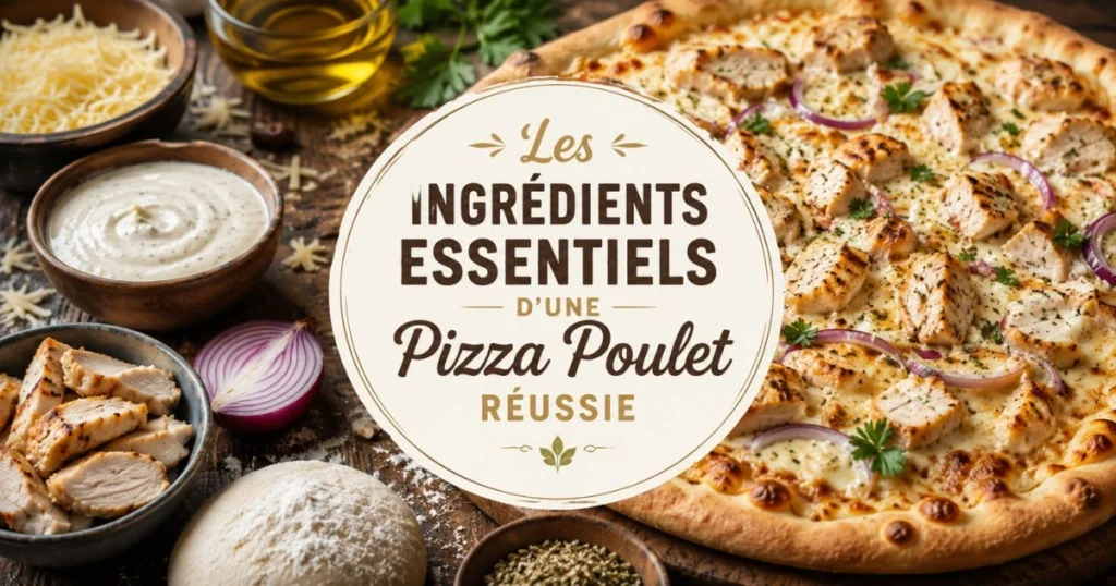 Pizza au poulet maison dorée et généreusement garnie, avec du fromage fondant et crémeux, des morceaux de poulet grillé, des tomates fraîches, des poivrons colorés et des herbes aromatiques. La pizza est présentée sur une table rustique avec les ingrédients essentiels disposés autour