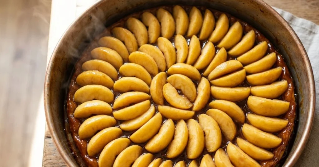 Pommes coupées disposées en cercles concentriques sur un caramel
ambré au fond d'un moule à tarte Tatin