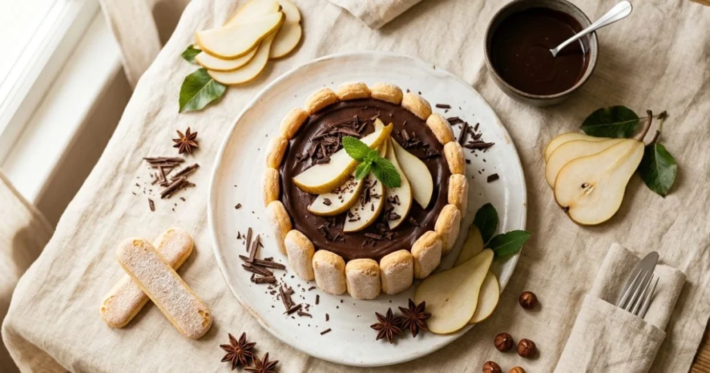 Recette charlotte poire chocolat maison démoulée sur assiette blanche avec copeaux de chocolat et tranches de poires fraîches