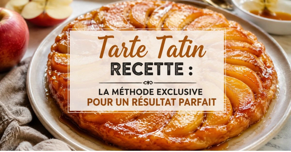 Délicieuse tarte Tatin recette maison aux pommes caramélisées, pâte dorée et croustillante, servie sur une assiette rustique dans une ambiance chaleureuse de cuisine française.