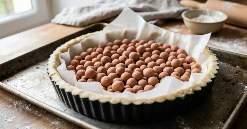 Cuisson à blanc du fond de pâte pour une quiche lorraine avec billes de cuisson