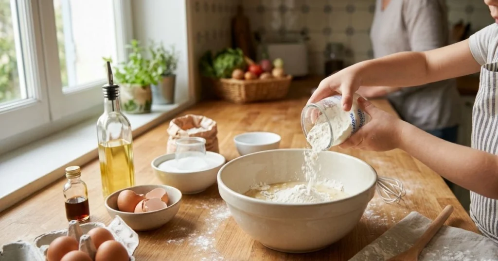 Enfant préparant un gâteau Montessori en mesurant les ingrédients avec un pot de yaourt selon la méthode Montessori.