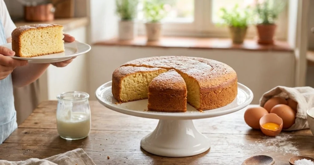 Gâteau Montessori moelleux préparé avec un pot de yaourt, présenté sur une table en bois dans une cuisine familiale.