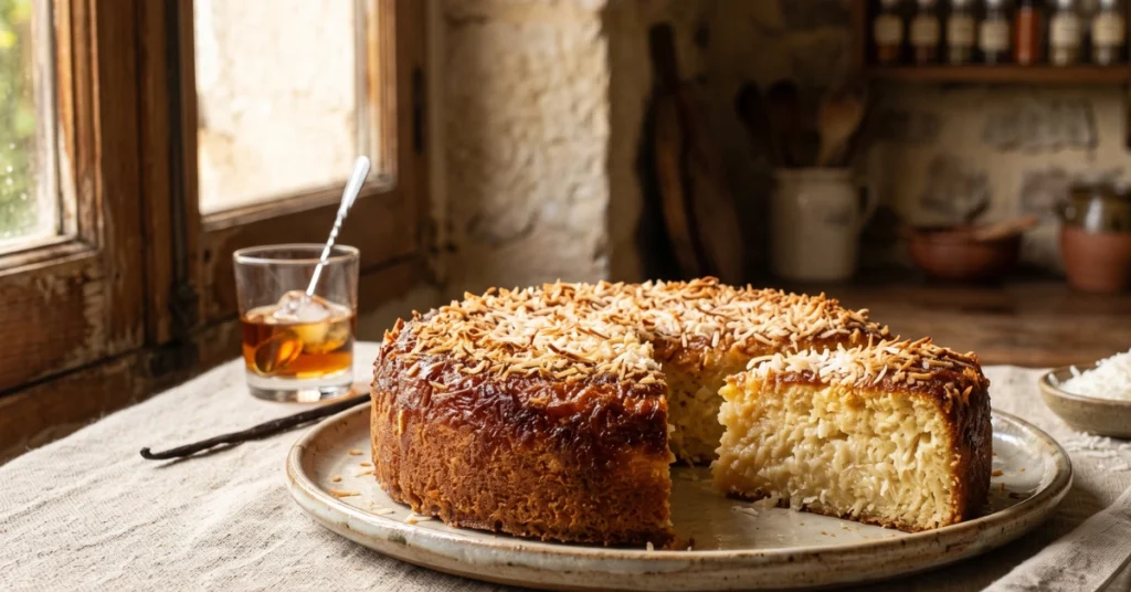 Gâteau coco antillais façon grand-mère moelleux avec une tranche coupée révélant une texture fondante à la noix de coco.