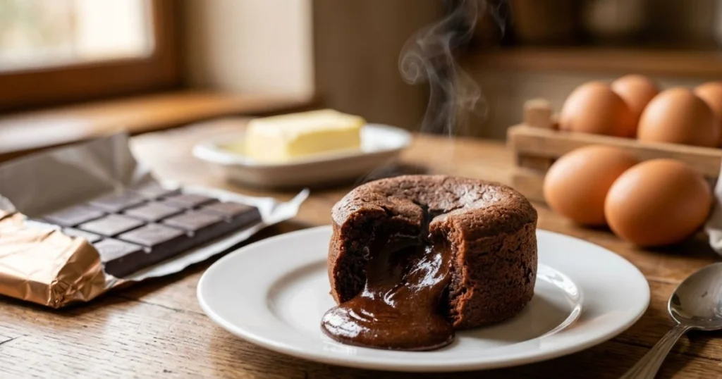 Gâteau dont la pâte intérieure coule au chocolat avec un cœur fondant qui s'écoule après la découpe, servi sur une assiette blanche.