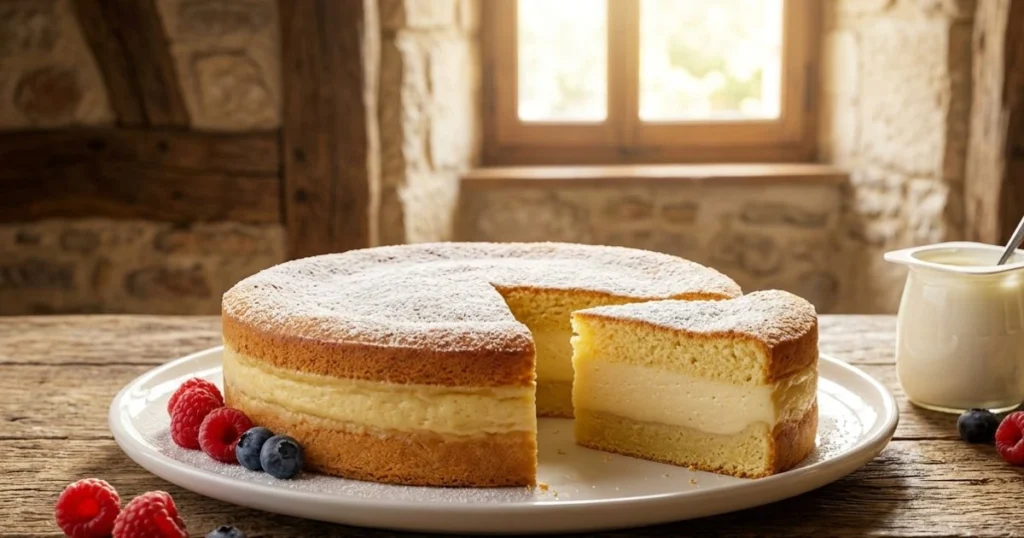 Gâteau magique au yaourt découpé révélant ses trois couches moelleuses, crémeuses et fondantes, saupoudré de sucre glace.