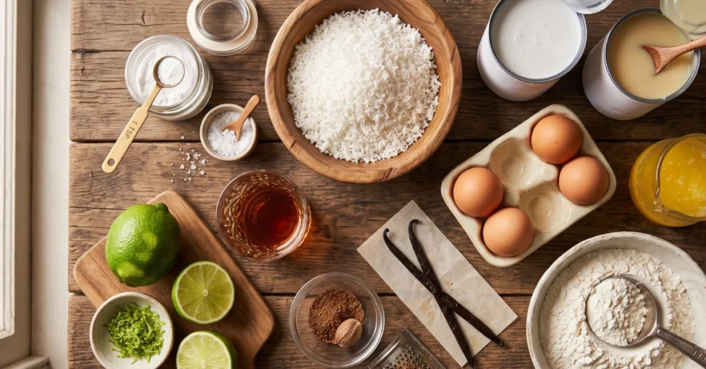 Ingrédients nécessaires pour préparer un gâteau coco antillais façon grand-mère.