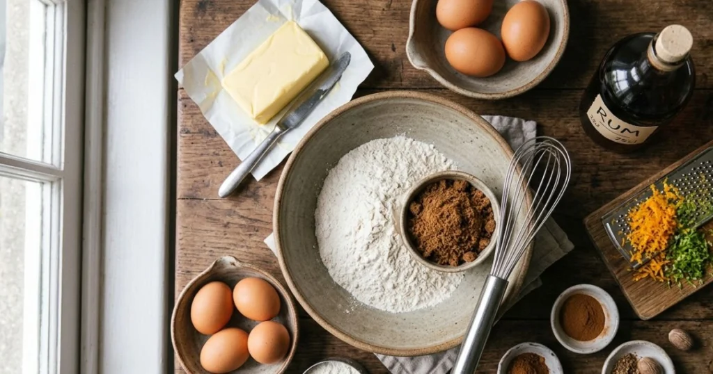 Ingrédients pour préparer un gâteau antillais maison : farine, rhum, épices et zestes d'agrumes