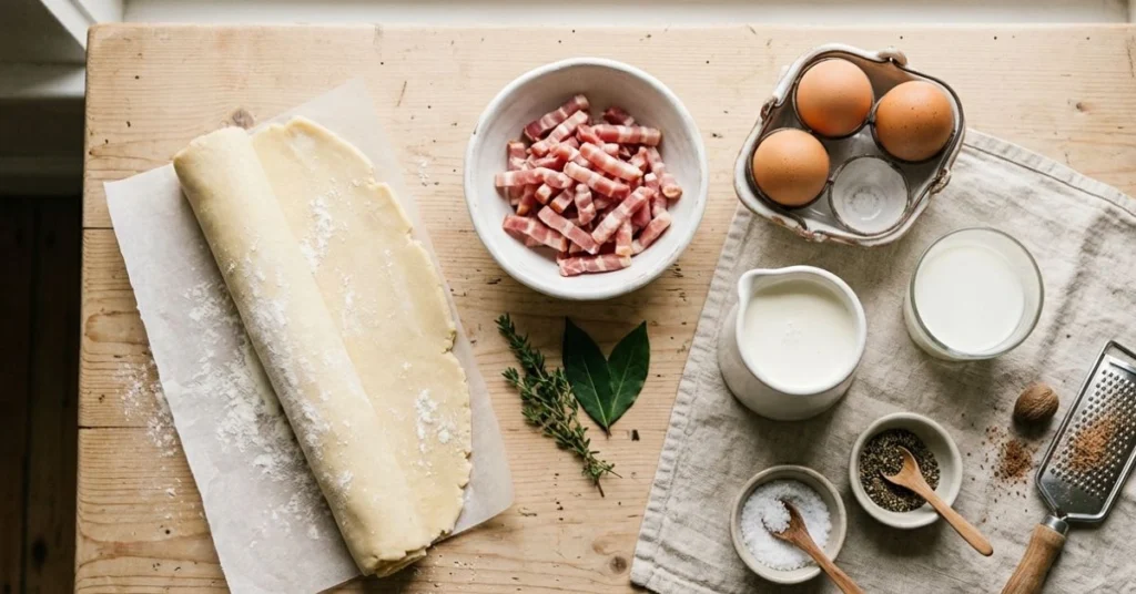 Ingrédients pour une quiche lorraine recette : lardons, œufs, crème et pâte brisée
