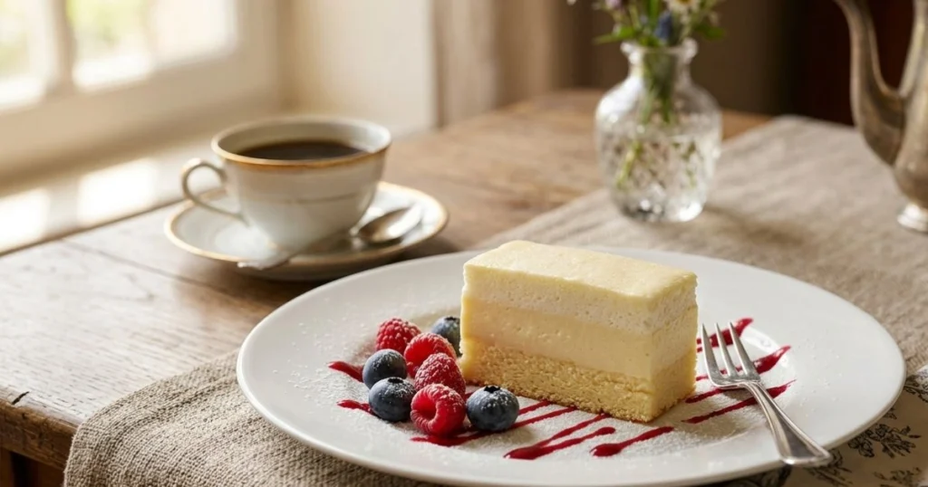 Part de gâteau magique au yaourt servie avec des fruits rouges frais et un coulis de framboise pour un dessert gourmand.