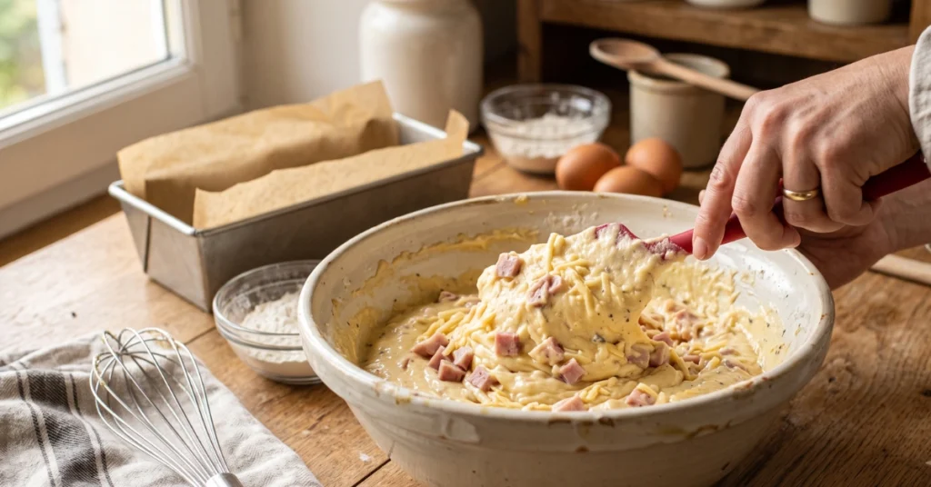 Préparation de la pâte du cake salé jambon avant cuisson