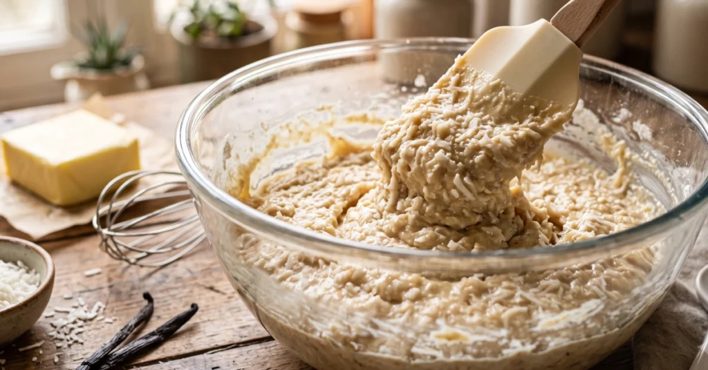 Préparation de la pâte du gâteau coco antillais avec de la noix de coco râpée et du lait de coco.