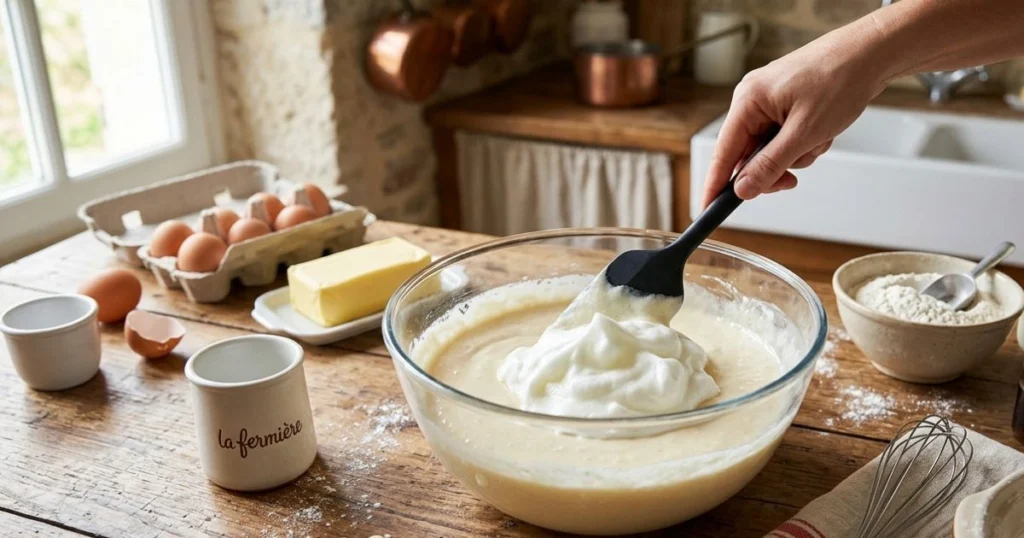 Préparation d'un gâteau magique au yaourt avec des blancs en neige incorporés délicatement à une pâte liquide.