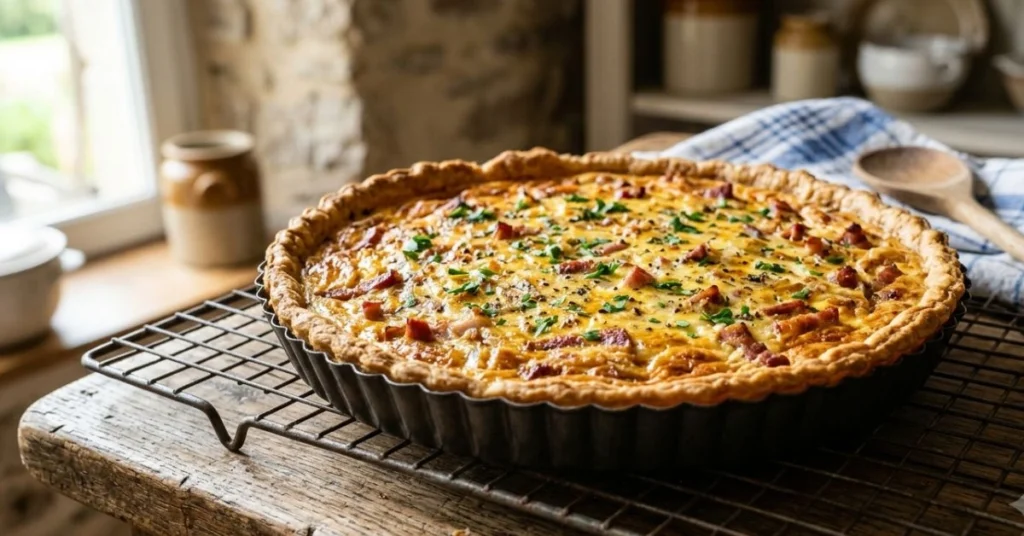Quiche lorraine recette entière et dorée à la sortie du four sur une grille